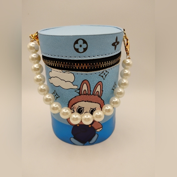 Labubu Cylinder Leather Cosmetic Bag With Pearl Removable Strap - Picture 3 of 6